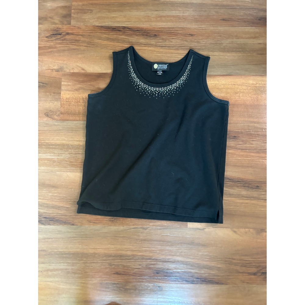 Christine Alexander Black Rhinestone Embellished Tank Top Sleeveless Shirt Large